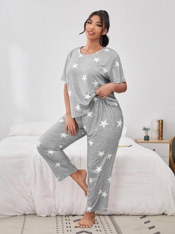 Plus Size Star Print Tee & Elastic Waist Pants Pyjama Set, Casual Comfy Round Neck Short Sleeve T-shirt & Trousers PJ Set, Women's Sleepwear for All Seasons