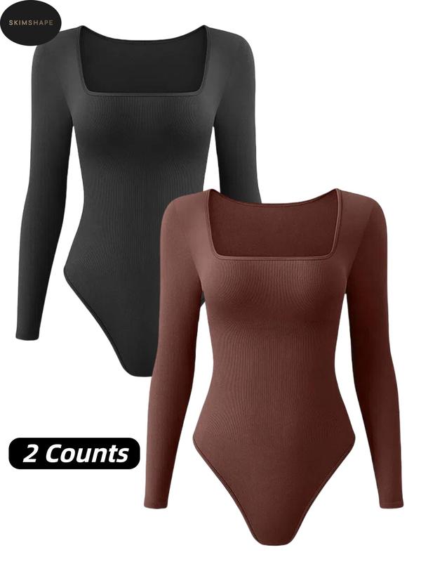 Women's Solid Square Neck Long Sleeve Shapewear Bodysuit, Fall Wear, Casual Comfy Tummy Control Butt Lift Shaper, Ladies Shapewear for Fall