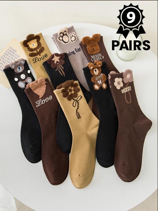 Women's Cartoon Bear & Floral Print Crew Socks, Casual Soft Comfy Breathable Mid-calf Socks for Daily Wear, Women's Socks for All Seasons