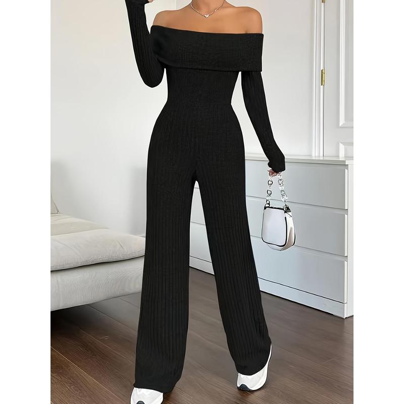 Ribbed Off Shoulder Jumpsuit, Casual Long Sleeve Jumpsuit For Spring & Fall, Women's Clothing