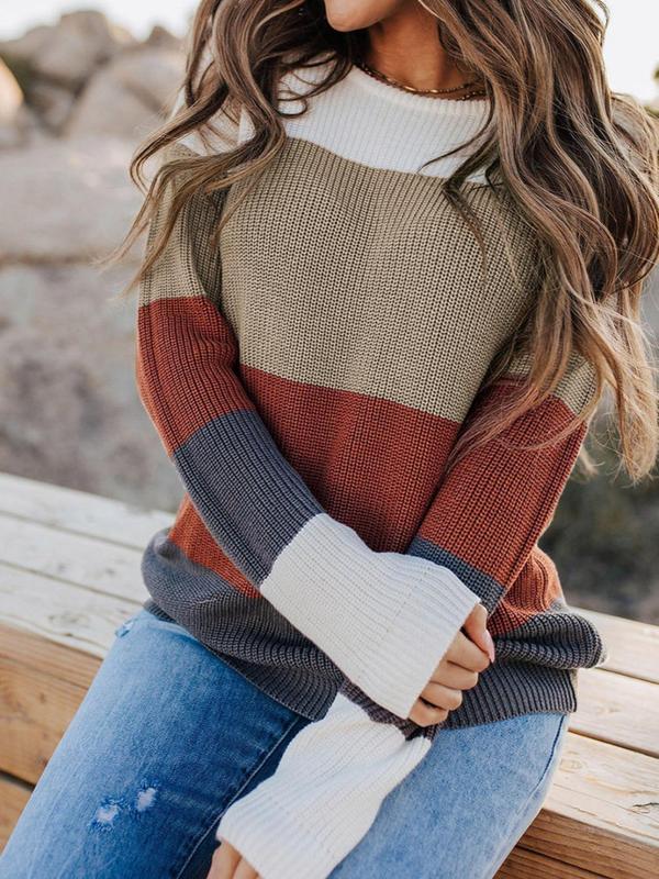 Women's Colorblock Patchwork Round Neck Sweater, Fall Outfits, Casual Drop Shoulder Long Sleeve Jumper, Ladies Fall & Winter Knitwear for Daily Wear, Womenswear