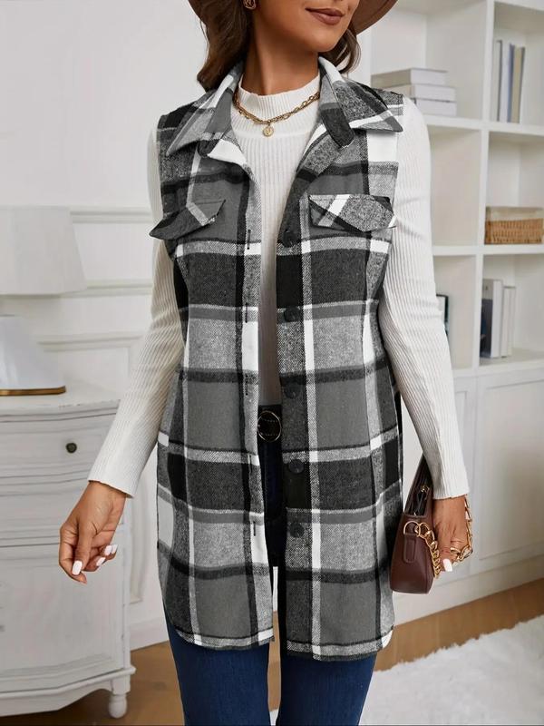 Women's Plaid Print Button Front Pocket Vest Coat, Casual Sleeveless Collared Outerwear for Spring & Fall, Ladies Clothes for Daily Wear