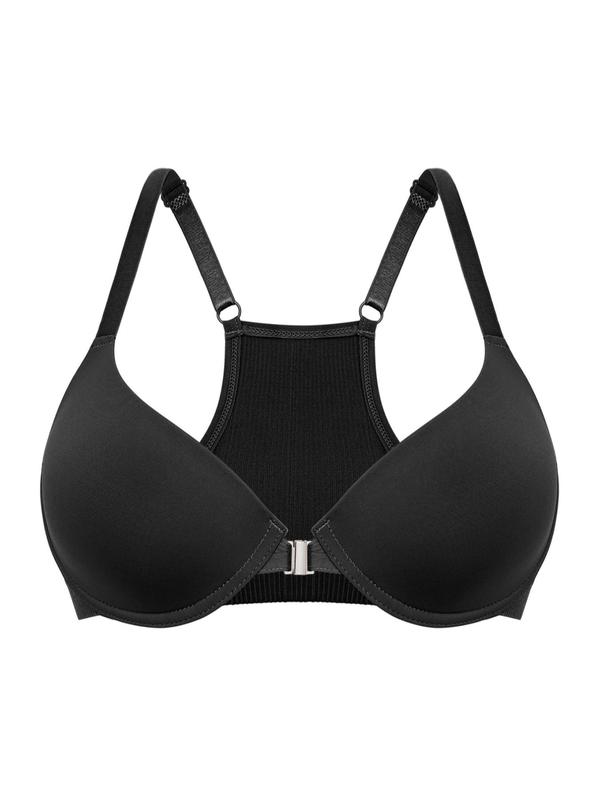 Women's Solid Color Adjustable Strap Push Up Bra, Comfortable Breathable Buckle Front Bra, Lingerie for All Seasons