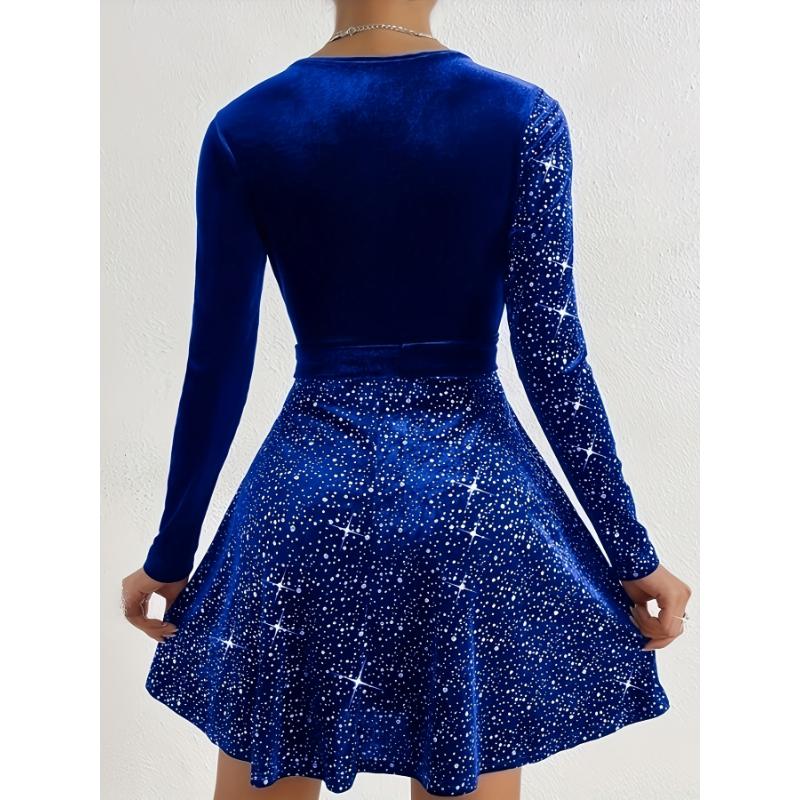 US Shipping Sparkling Sequin Mini Dress with V-Neck and Long Sleeves, Elegant Women's Party Dress