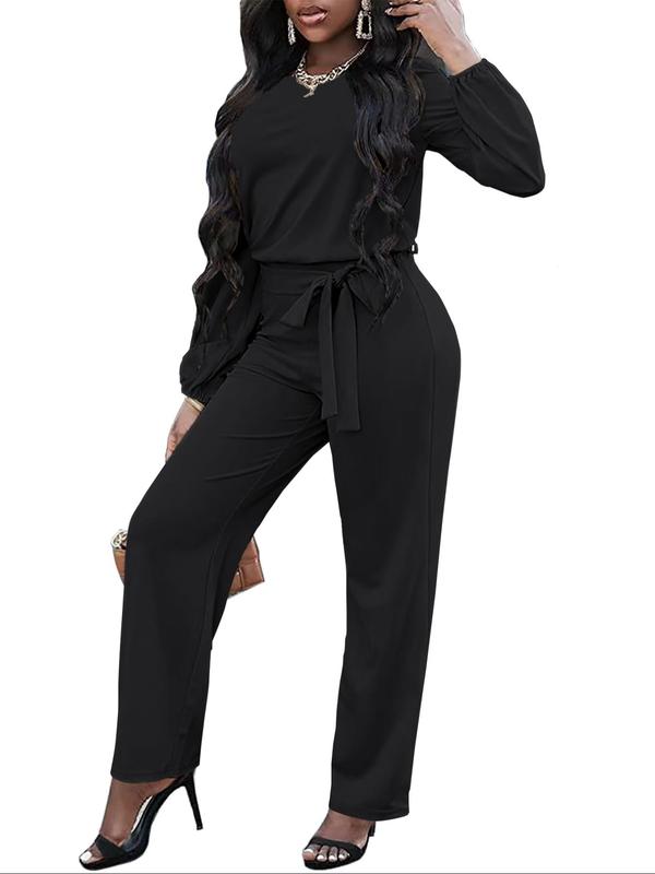 Women's Solid Color Cut Out Belted Jumpsuit, Casual Bishop Sleeve Keyhole Back Jumpsuit for Fall & Winter, Women's Clothes for Daily Wear