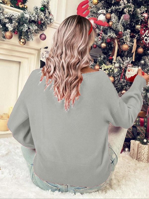 Plus Size Christmas Letter Patched Drop Shoulder Sweater, Casual Long Sleeve Round Neck Jumper for Daily Outdoor Wear, Women Plus Clothing for Fall & Winter