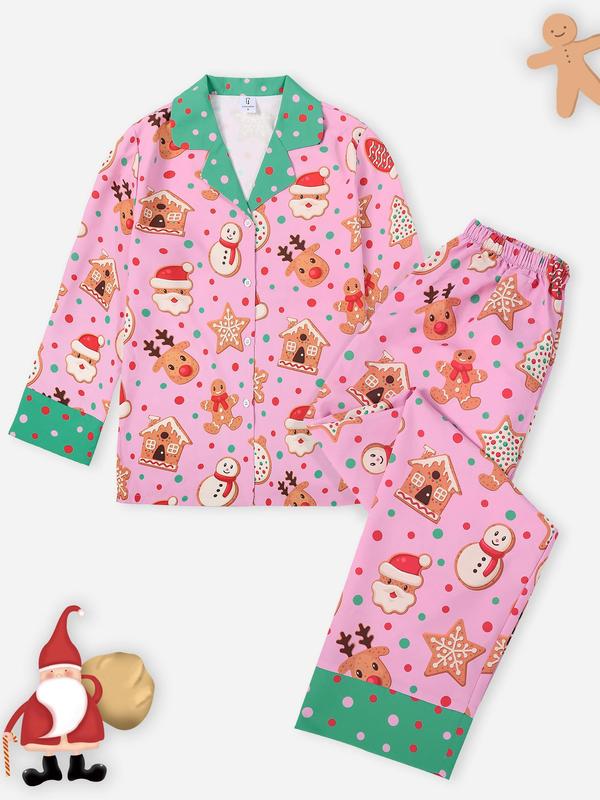 Womenswear Christmas Cartoon Print Loungewear Set, Fall Comfort Lapel Collar Button Front Blouse & Elastic Waist Pj Pants, Christmas Pajamas, Women's Homewear Sleepwear for Fall