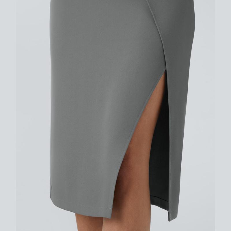 Halara High Waisted Invisible Zipper Decorative Buckle Split Midi Work Skirt