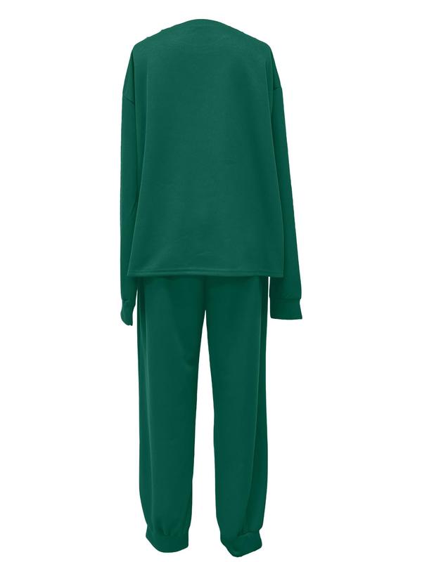 Women's Plain Long Sleeve Tee & Drawstring Waist Pants Set, Casual Round Neck Top & Trousers 2-piece Set for Fall & Winter,  Pants Suit Sets for Women, Women's Clothes for Daily Wear