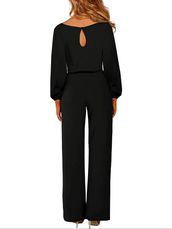 Women's Solid Color Cut Out Belted Jumpsuit, Casual Bishop Sleeve Keyhole Back Jumpsuit for Fall & Winter, Women's Clothes for Daily Wear