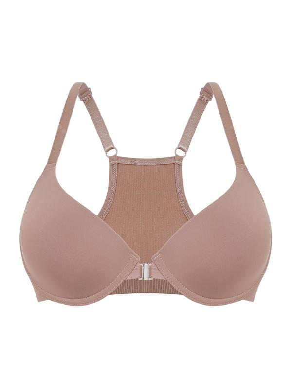 Women's Solid Color Adjustable Strap Push Up Bra, Comfortable Breathable Buckle Front Bra, Lingerie for All Seasons