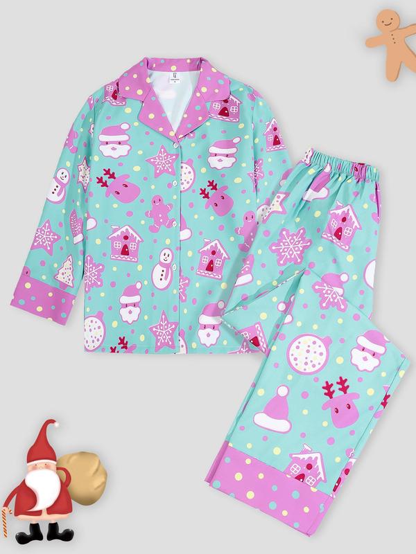 Womenswear Christmas Cartoon Print Loungewear Set, Fall Comfort Lapel Collar Button Front Blouse & Elastic Waist Pj Pants, Christmas Pajamas, Women's Homewear Sleepwear for Fall