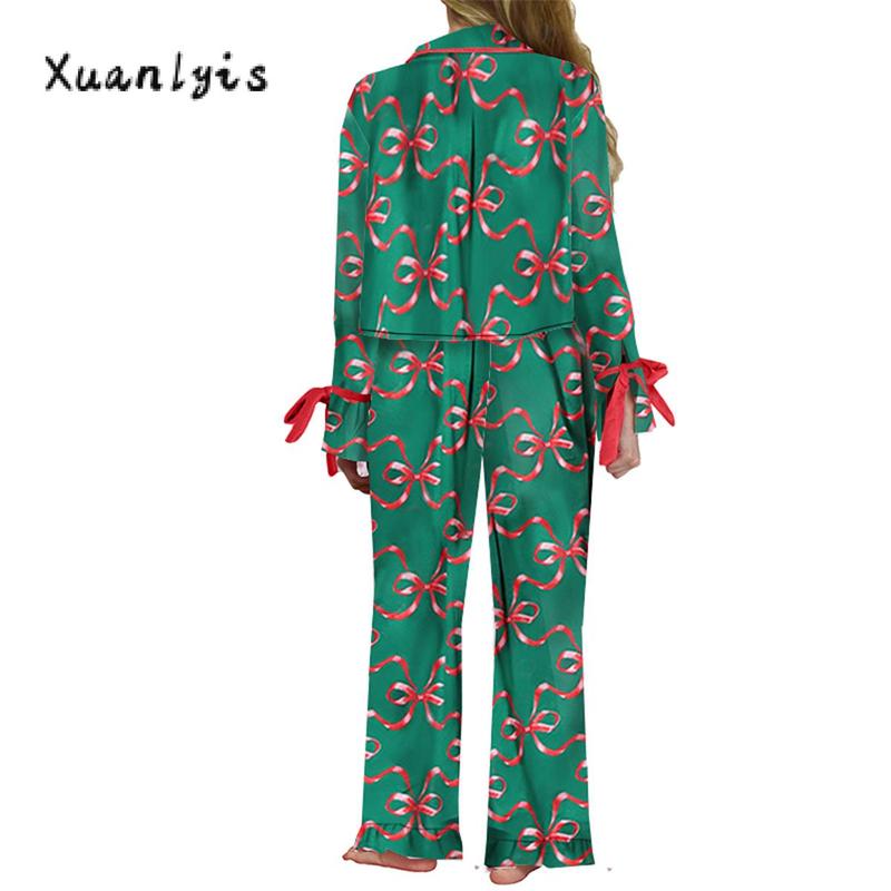 Women Pajamas Bow Print Lape Long Sleeve Button Down Tops and Drawstring Pants Sleepwear Loungewear Womenswear