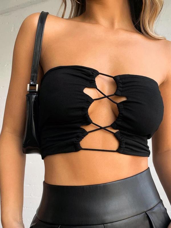 Women's Plain Criss Cross Cut Out Crop Tube Top, Summer Clothes Women, Solid Strapless Top for Summer, Women's Top for Beach Holiday