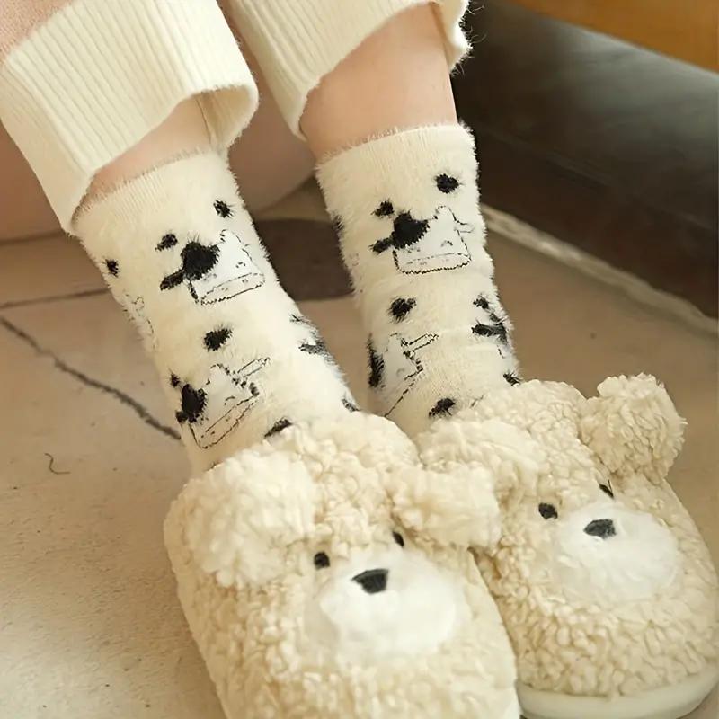 1 2 Pairs Cow Pattern Socks, Warm & Comfy Fluffy Slipper Floor Socks Women's Cow Stockings & Hosiery Womenswear Underwear Lady Comfort