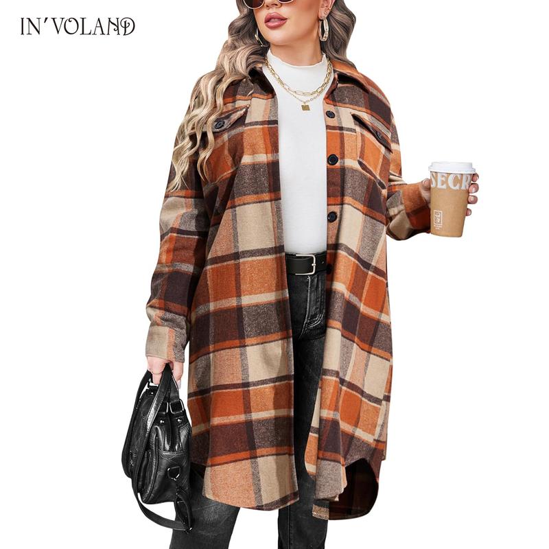 Tops Holiday haul  IN'VOLAND Womens Plus Size Flannel Plaid Shirts Long Sleeve Lounge Lapel Boyfriend Button Down Tartan Long Jacket Coats