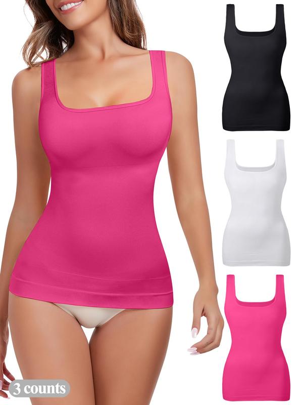 Women's Solid Tummy Control Shapewear Tank Tops, Basic Casual Comfort Seamless Square Neck Compression Tops, Fall Clothes, Slimming Shapewear, Sexy Body Shapewear, Lady Backless Shaper Black Girl Wear