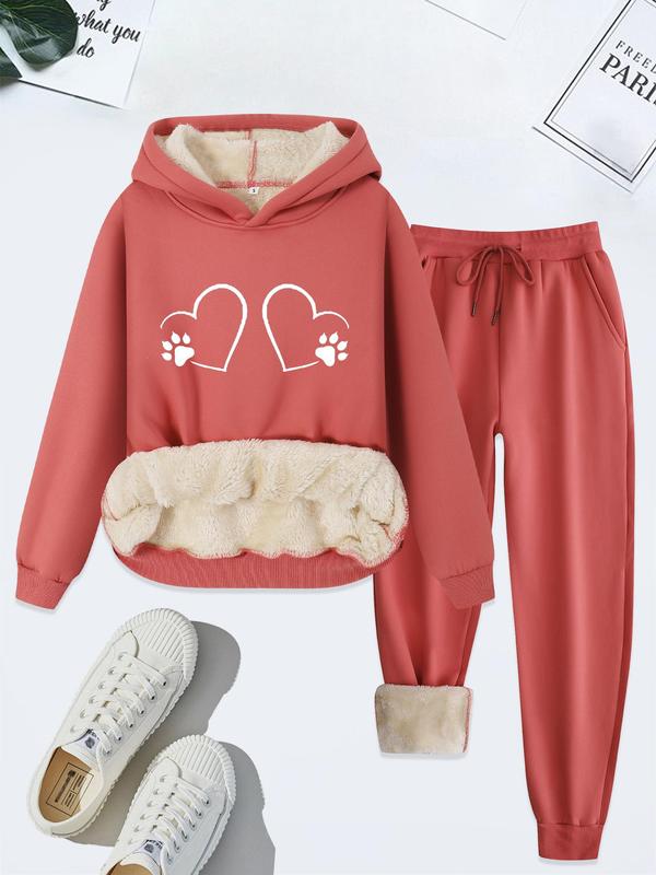 Women's Heart Print Hoodie & Drawstring Waist Pants Thermal Lined Two-piece Set, Casual Long Sleeve Hooded Pullover & Pocket Trousers for Fall & Winter, Ladies Clothes for Daily Wear