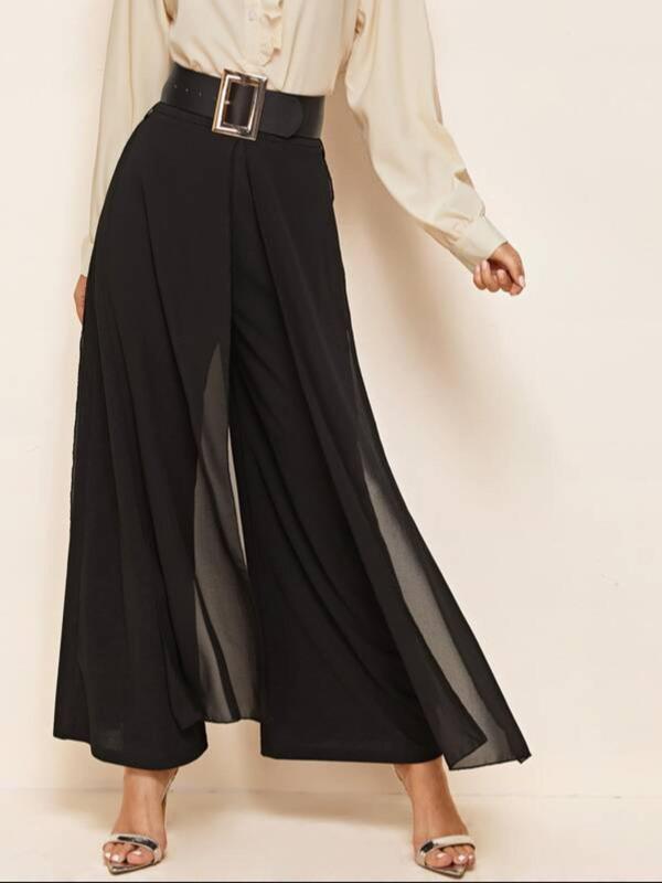 Women's Solid Color Sheer High Waist Wide Leg Pants, Elegant Comfy Trousers for Work Office Business, Ladies Bottoms for All Seasons