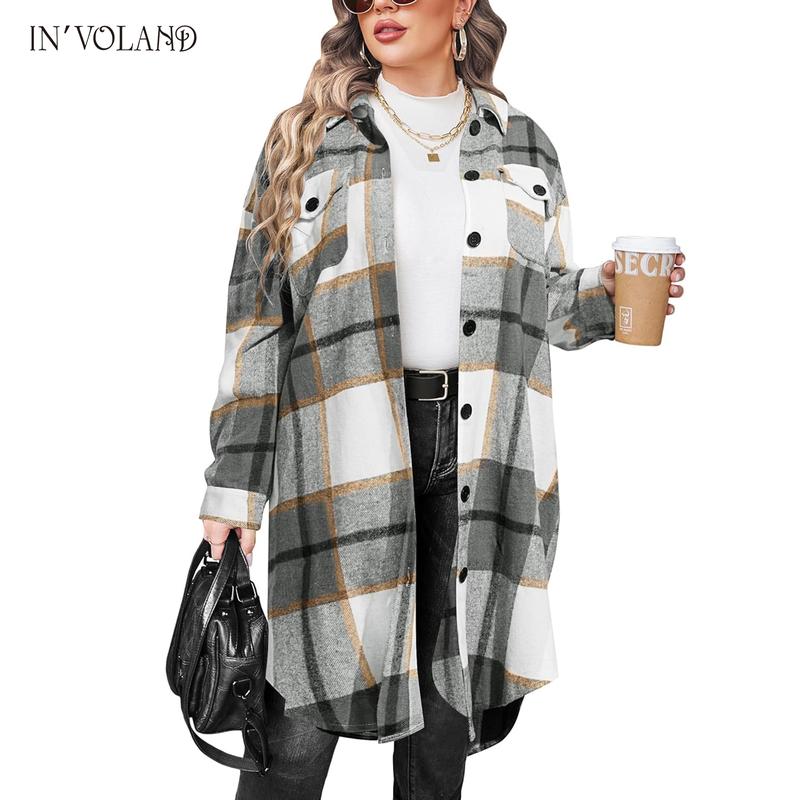 Tops Holiday haul  IN'VOLAND Womens Plus Size Flannel Plaid Shirts Long Sleeve Lounge Lapel Boyfriend Button Down Tartan Long Jacket Coats