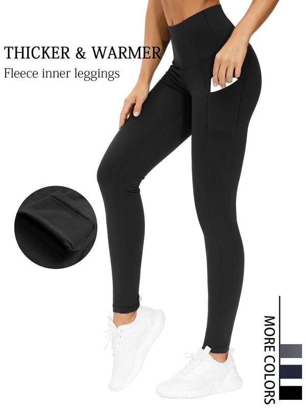 Women's Solid Color High Waist Pocket Warm Leggings, Casual Comfy High Stretch Skinny Pants for Daily Wear, Ladies Fall & Winter Bottoms