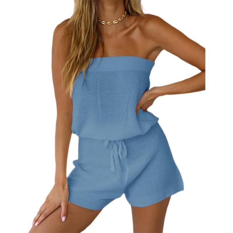 Fisoew Womens Comfort Summer Jumpsuits Casual Fitted Loose Sleeveless Off Shoulder Elastic Waist Romper Loungewear Lady Two Piece Outfits