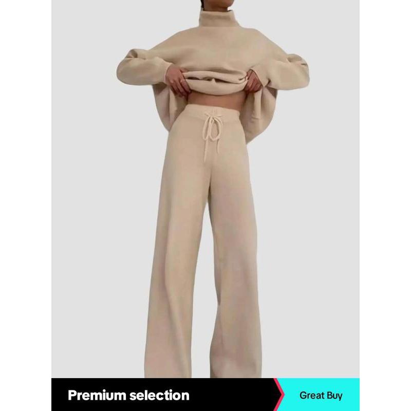 Women's solid color high neck top and wide leg pants set, casual, fashionable, comfortable long sleeved top and pants Outfit