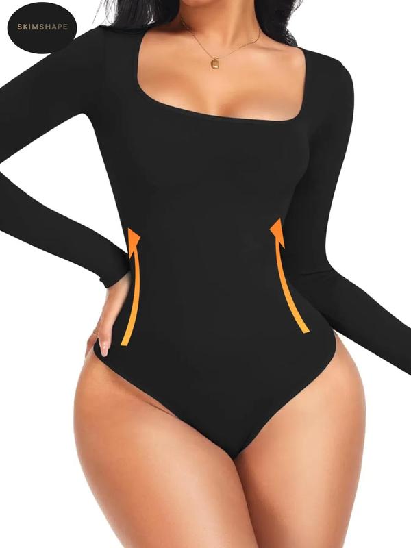 Women's Solid Square Neck Long Sleeve Shapewear Bodysuit, Fall Wear, Casual Comfy Tummy Control Butt Lift Shaper, Ladies Shapewear for Fall