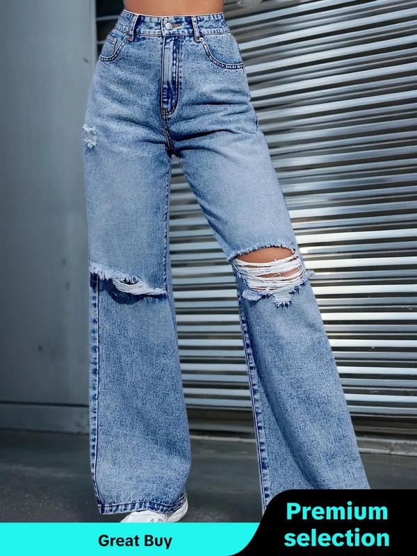 Women's Ripped High Waist Wide Leg Vintage Jeans, Street Pants Pocket Button Fly Baggy Denim Trousers, Fall Clothes, Ladies Bottoms for All Seasons