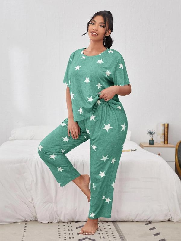 Plus Size Star Print Tee & Elastic Waist Pants Pyjama Set, Casual Comfy Round Neck Short Sleeve T-shirt & Trousers PJ Set, Women's Sleepwear for All Seasons