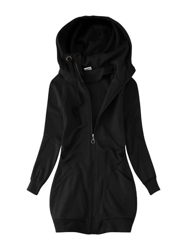 Women's Solid Ruched Drawstring Zip Up Hooded Coat, Casual Long Sleeve Pocket Outerwear for Fall & Winter, Ladies Clothes for Daily Wear