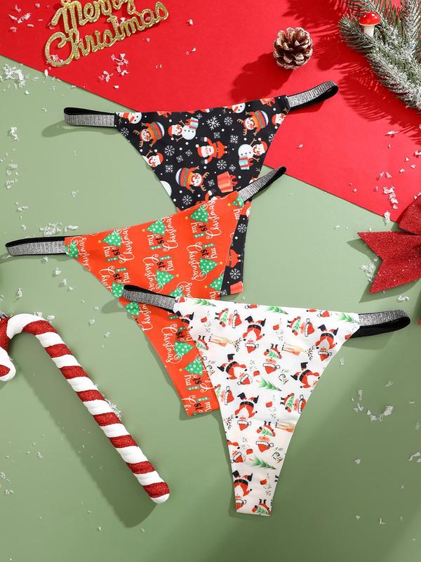 Women's Christmas Print Thong, Soft Comfy Breathable Panty for Daily Wear, Women's Underwear for All Seasons