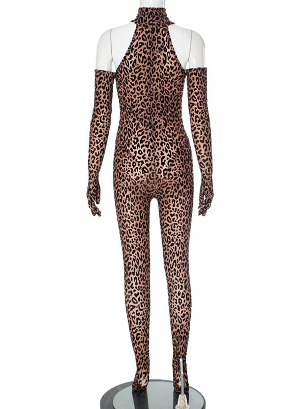 Women's Leopard Print Zipper Back Sexy Jumpsuit with Gloves, Fashion Casual Stand Collar Sleeveless Jumpsuit for Daily Outdoor Wear, Ladies Clothes for All Seasons