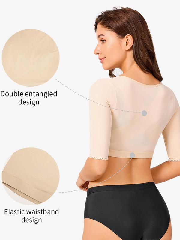 Women's Solid Color Adjustable Hook & Eye Closure Crop Shapewear Top, Casual Comfortable Breathable Half Sleeve Shaper, Women's Shapewear for Daily Wear