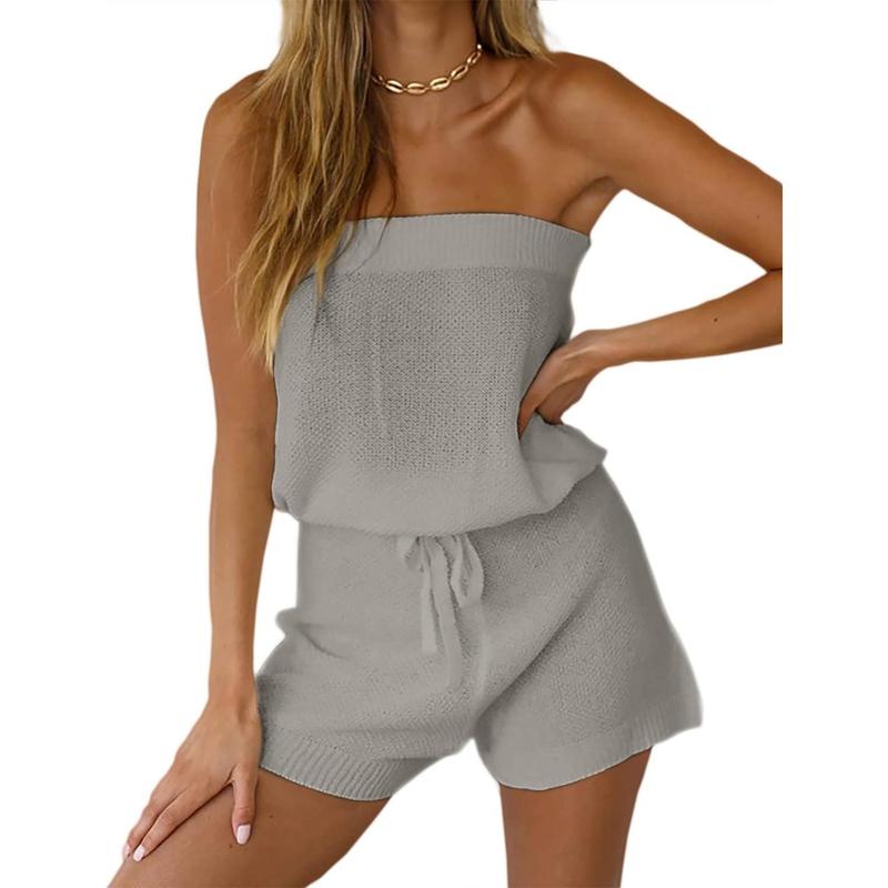 Fisoew Womens Comfort Summer Jumpsuits Casual Fitted Loose Sleeveless Off Shoulder Elastic Waist Romper Loungewear Lady Two Piece Outfits