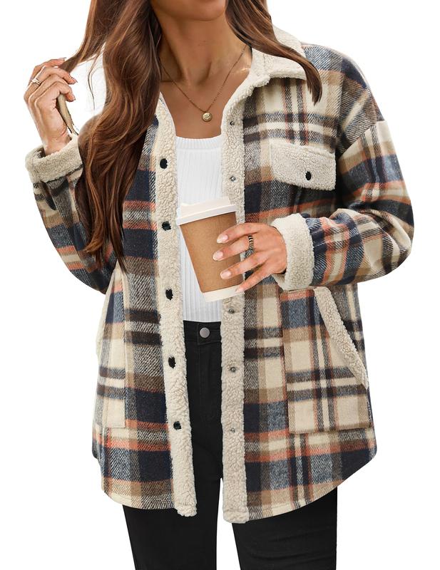 HOTOUCH Women's Plaid Printed Button Front Jacket,Fall and Winter Long Sleeve Pocket Jacket,Women's Everyday Jacket Comfort Womenswear Basic Coat