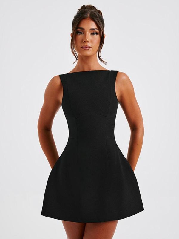 Women's Solid Backless Boat Neck A Line Dress, Dresses for Women, Homecoming Dresses, Birthday Dresses 2024, Elegant Fashion Zipper Back Short Dress for Daily Outdoor Wear, Ladies Dress for Summer