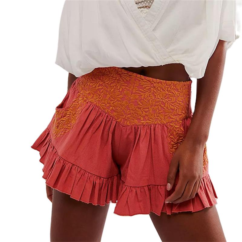 Women Y2k Floral Shorts Boho Ruffle Hem Wide Leg Elastic Wiated Short Pants with Pockets Summer Pjs Lounge Beachwear