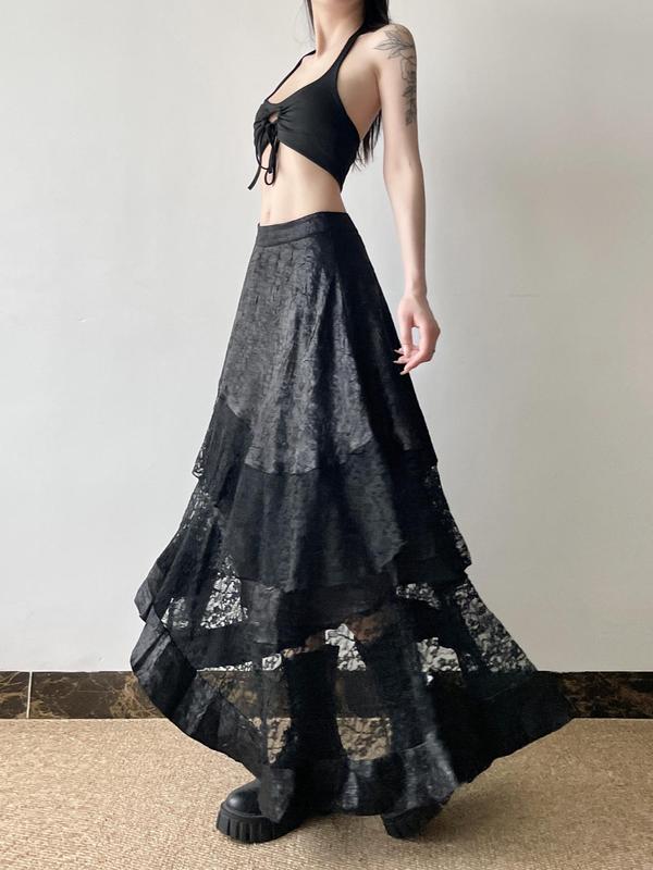 Women's Floral Contrast Lace Tiered Layer Skirt, Asymmetrical Hem Long Skirt for Party Holiday Vacation,  Skirts for Women, Ladies Bottoms for All Seasons