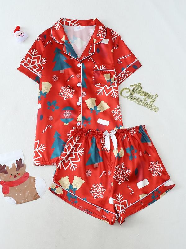 Two-Piece Set Women's Christmas Print Lapel Neck Pocket Shirt & Shorts Satin Pyjama, Casual Comfy Short Sleeve Top & Shorts PJ Set, Ladies Sleepwear for All Seasons