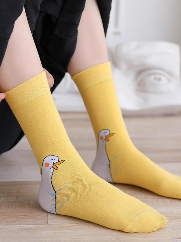 Women's Cartoon Goose Print Crew Socks, Cute Comfy Breathable Mid-calf Socks for Daily Wear, Multipack Knit Socks for All Seasons