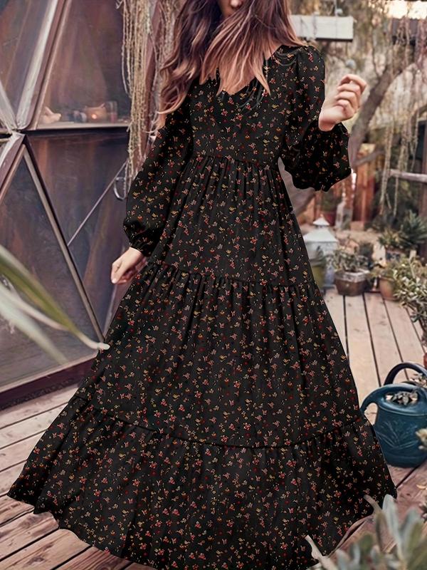 Women's Ditsy Floral Print Bishop Sleeve Vintage A Line Dress, Boho Romantic V Neck Long Sundress for Vacation Holiday Daily Wear, Fall Clothes, Dresses for Women, Summer Dresses 2024, Ladies Clothes Casual