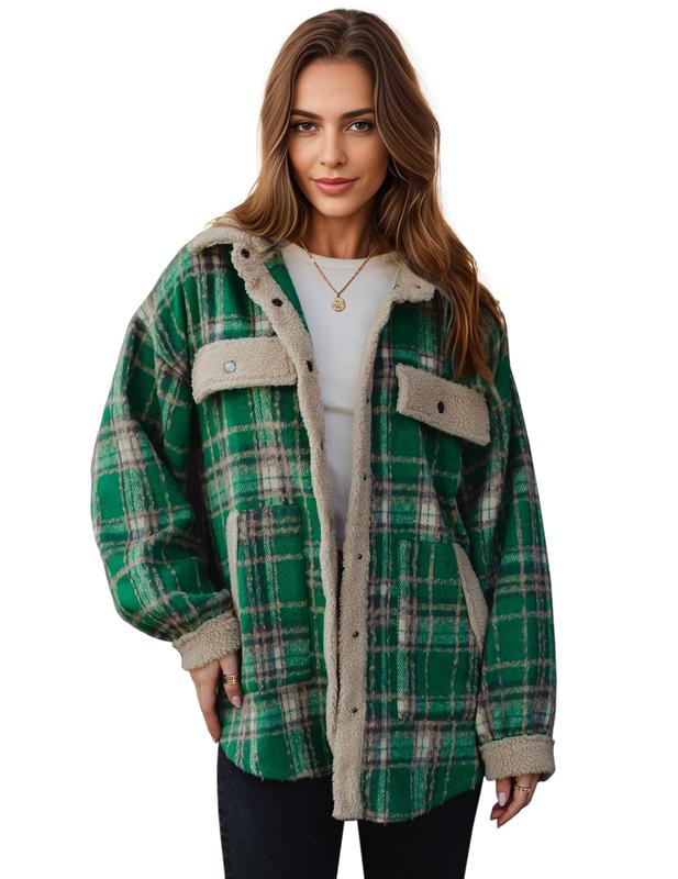 HOTOUCH Women's Plaid Printed Button Front Jacket,Fall and Winter Long Sleeve Pocket Jacket,Women's Everyday Jacket Comfort Womenswear Basic Coat