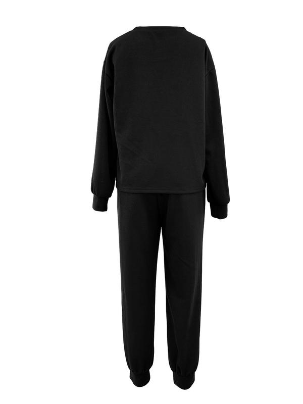 Women's Plain Long Sleeve Tee & Drawstring Waist Pants Set, Casual Round Neck Top & Trousers 2-piece Set for Fall & Winter,  Pants Suit Sets for Women, Women's Clothes for Daily Wear