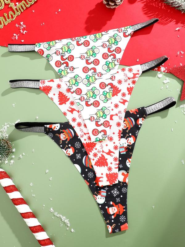 Women's Christmas Print Thong, Soft Comfy Breathable Panty for Daily Wear, Women's Underwear for All Seasons