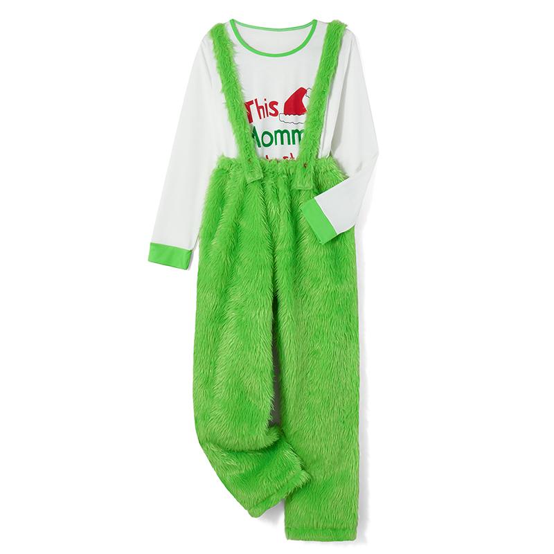 Green Matching Christmas Pajamas For Family, Romper Long Sleeve Letter Print Tops and Suspender Plush Pants Suit Sleepwear