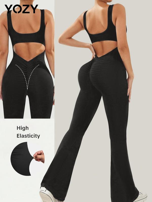 YOZY Women's Solid Cut Out Backless Ruched Jumpsuit, Casual Comfy High Waist Sleeveless Jumpsuit for Daily Wear, Ladies Clothes for All Seasons