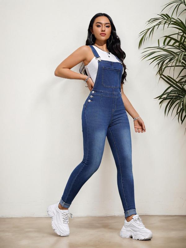 Women's Plain Denim Overalls Jumpsuit, Casual Fashion Pocket Design Overalls Jumpsuit for Daily Wear, Ladies Clothes for All Seasons