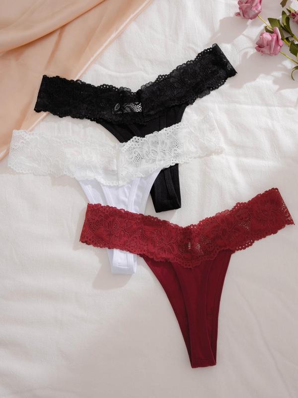 Women's 3pcs Plain Contrast Lace Drop Waist Panty, Soft Comfy Breathable Knicker for Daily Wear, Underwear for All Seasons