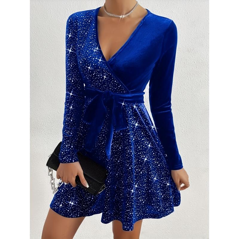 US Shipping Sparkling Sequin Mini Dress with V-Neck and Long Sleeves, Elegant Women's Party Dress